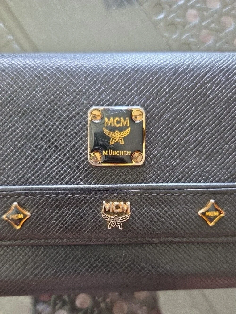 MCM Black Leather Logo-Stud Continental Wallet with Gold Accents